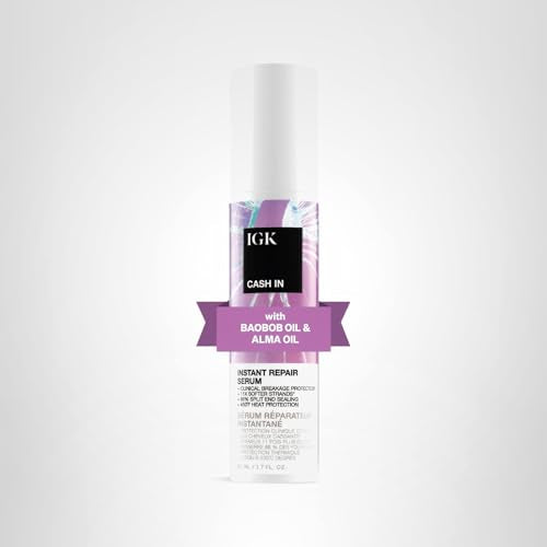 IGK Cash In Instant Repair Serum displayed on a bathroom counter.