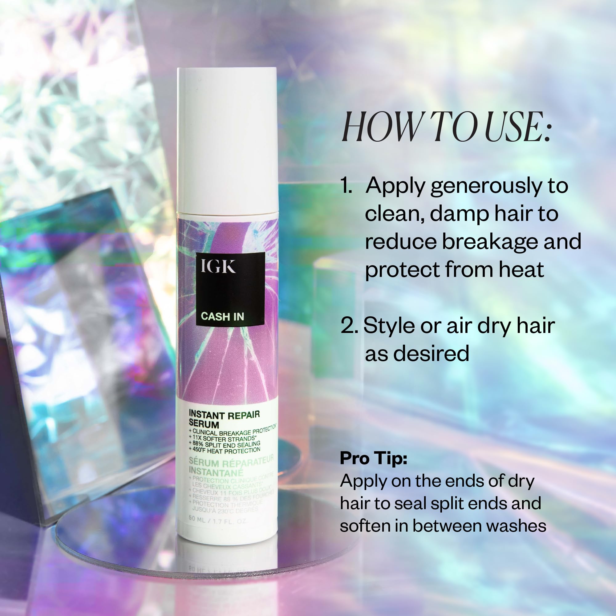 IGK Cash In Instant Repair Serum label visible in soft lighting.