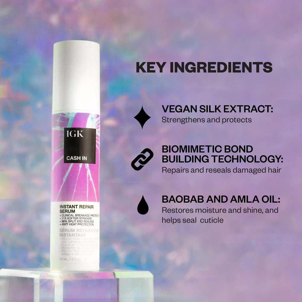 IGK Cash In Instant Repair Serum close-up of glossy liquid texture.