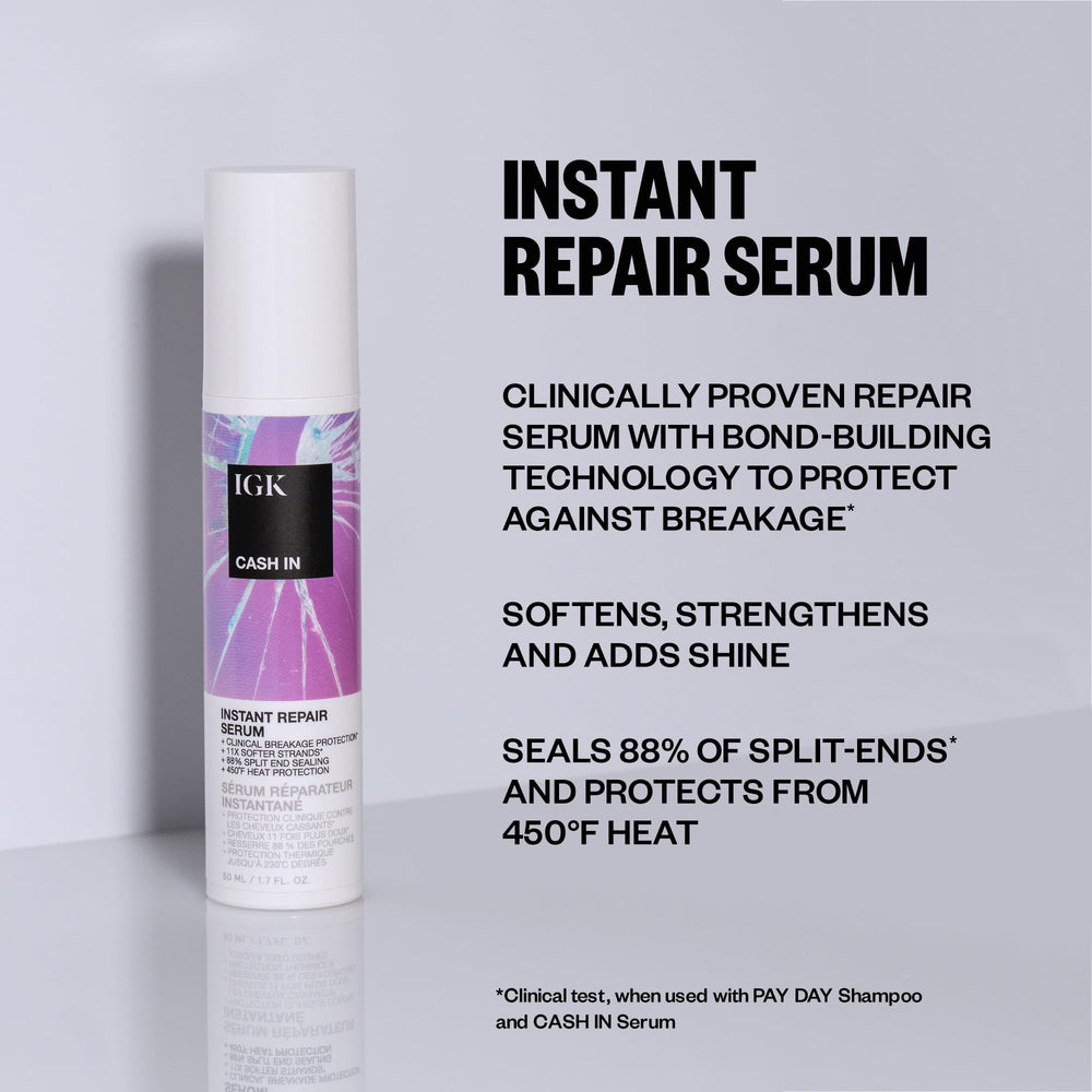 IGK Cash In Instant Repair Serum pump dispenses for quick, at-home use.