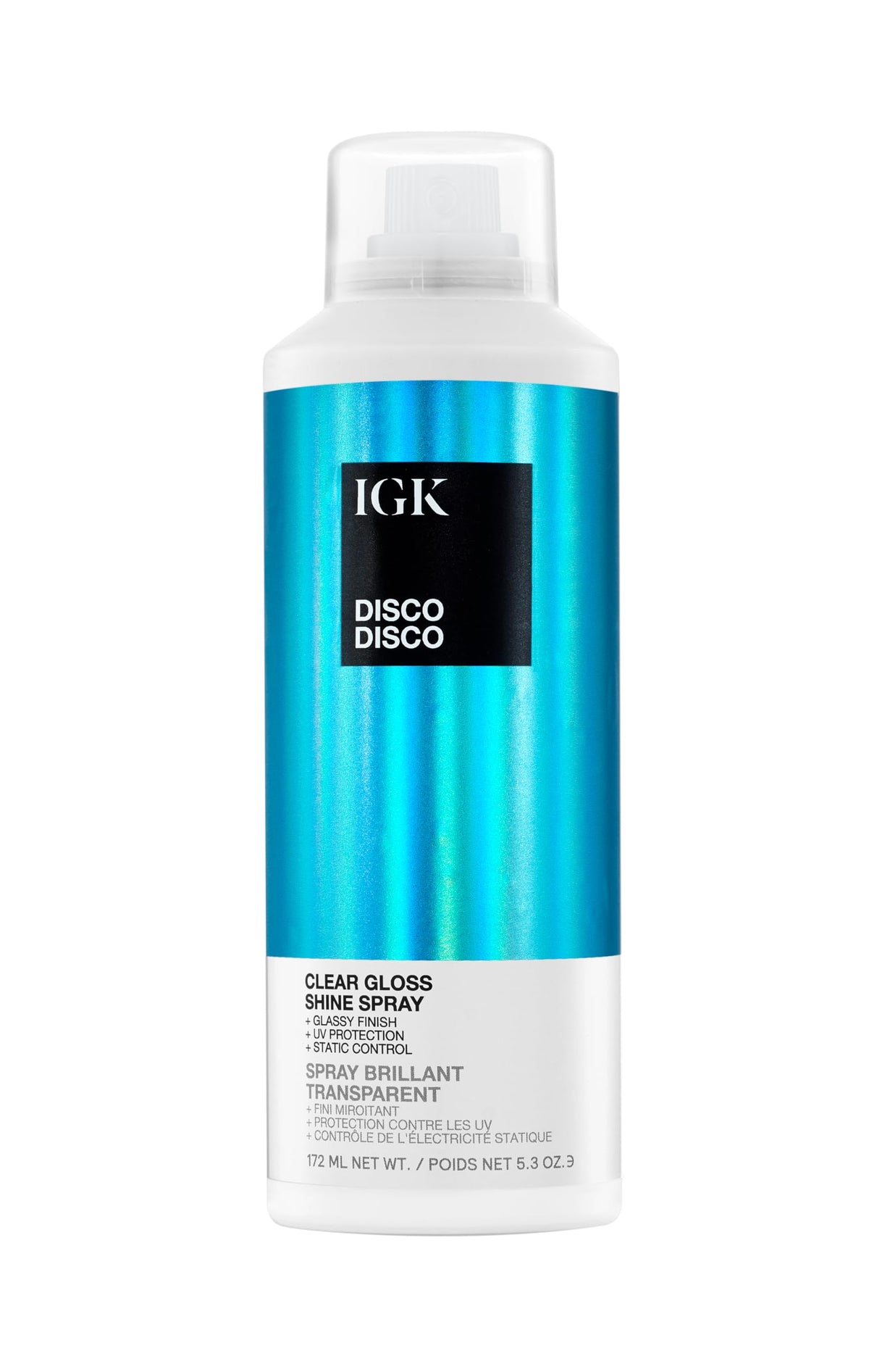 IGK Disco Disco clear gloss finishing spray delivers a glassy shine with lightweight feel
