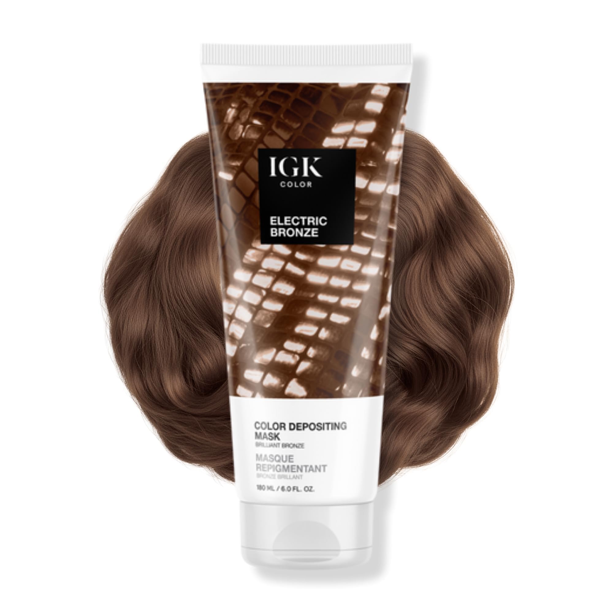 IGK Electric Bronze color depositing mask bottle for bronze gloss and conditioning