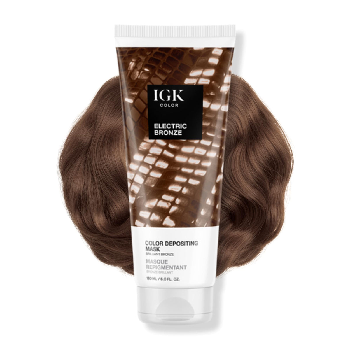 IGK Electric Bronze color depositing mask bottle for bronze gloss and conditioning
