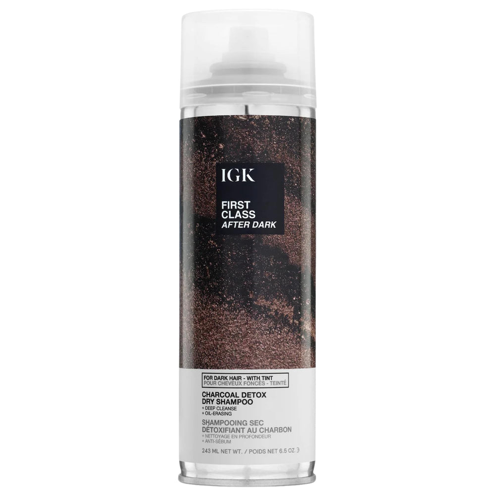 IGK First Class After Dark charcoal dry shampoo bottle with soft brown tint for dark hair
