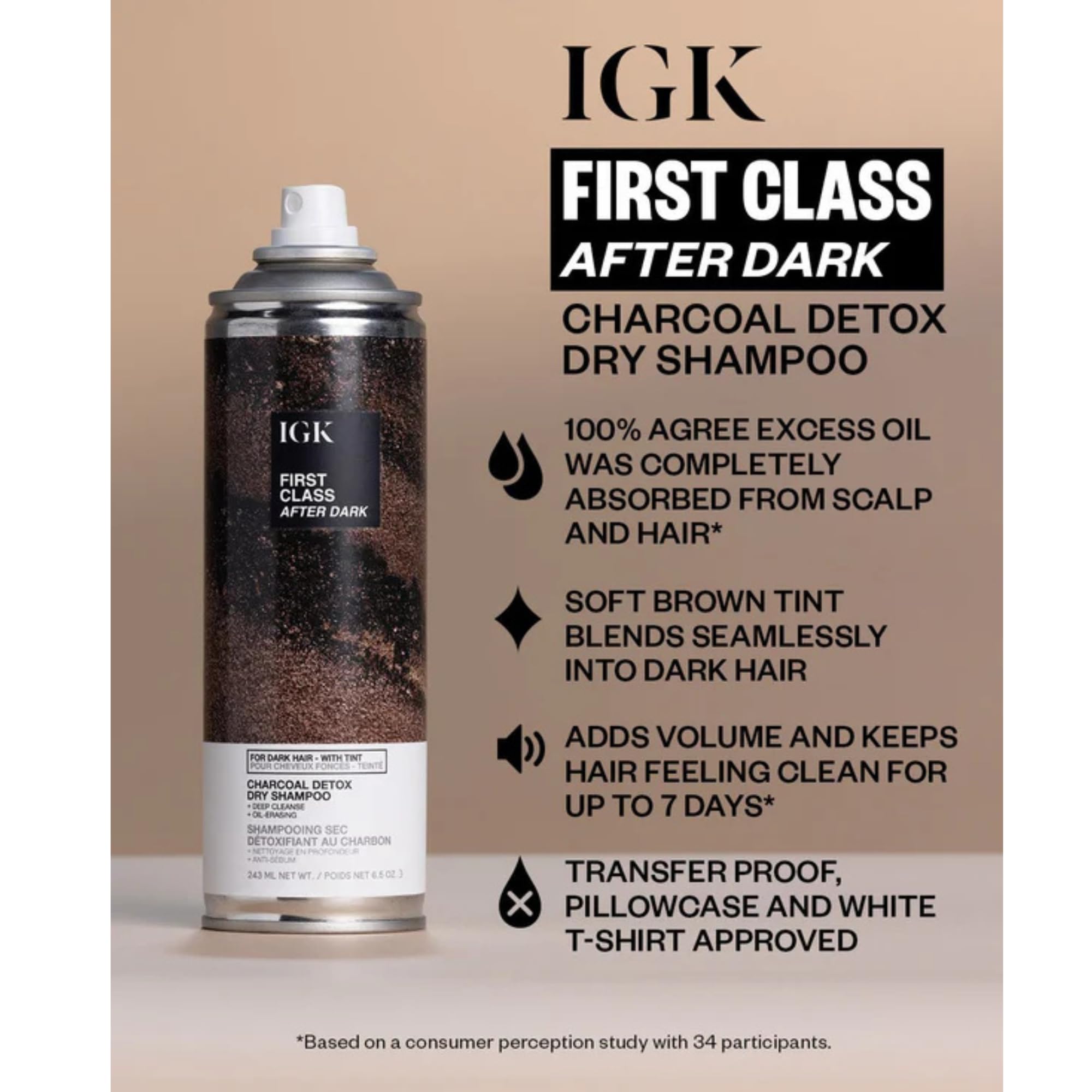 IGK First Class After Dark spray at roots showing oil absorption capability