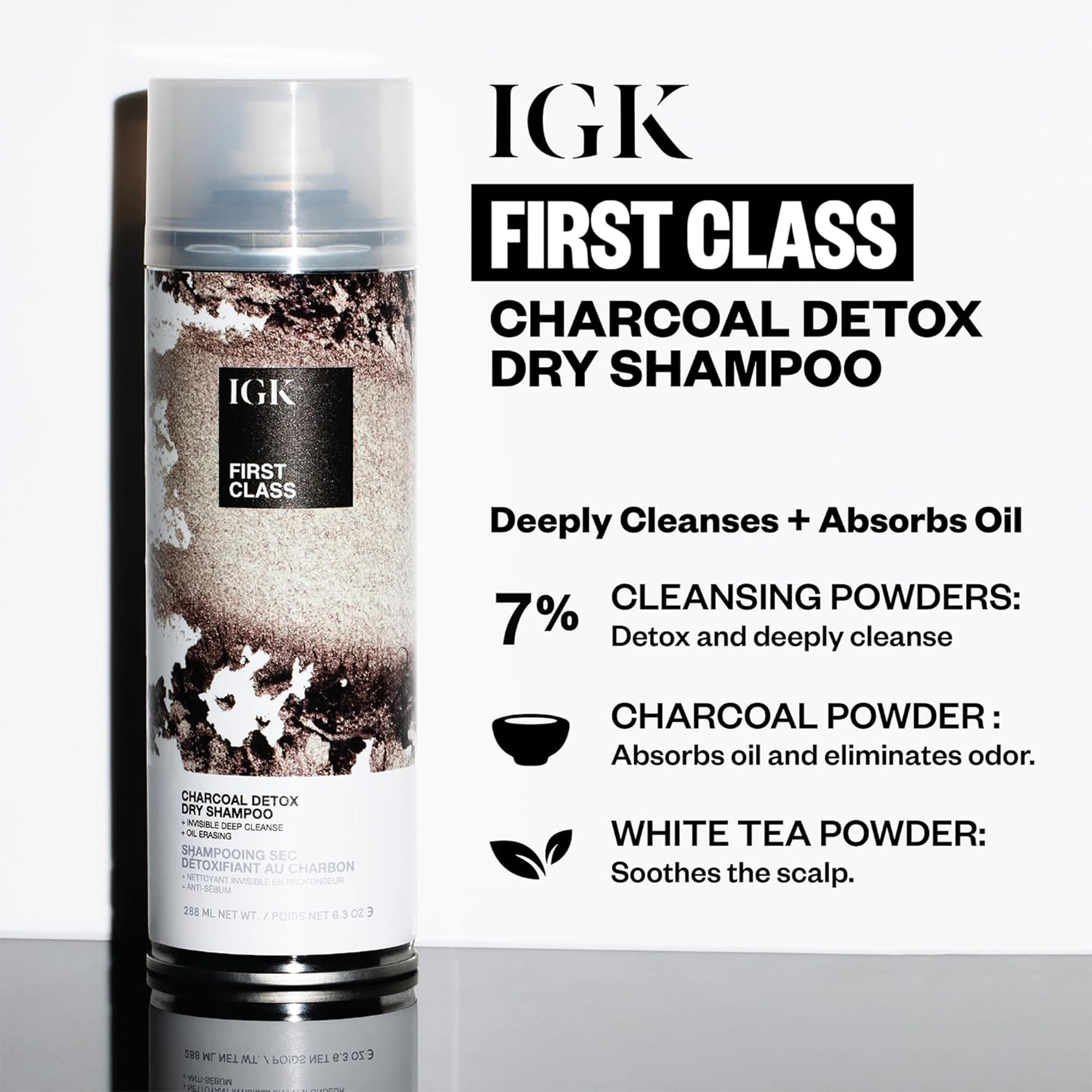 IGK First Class Charcoal Detox Dry Shampoo oil absorption at roots for lasting freshness