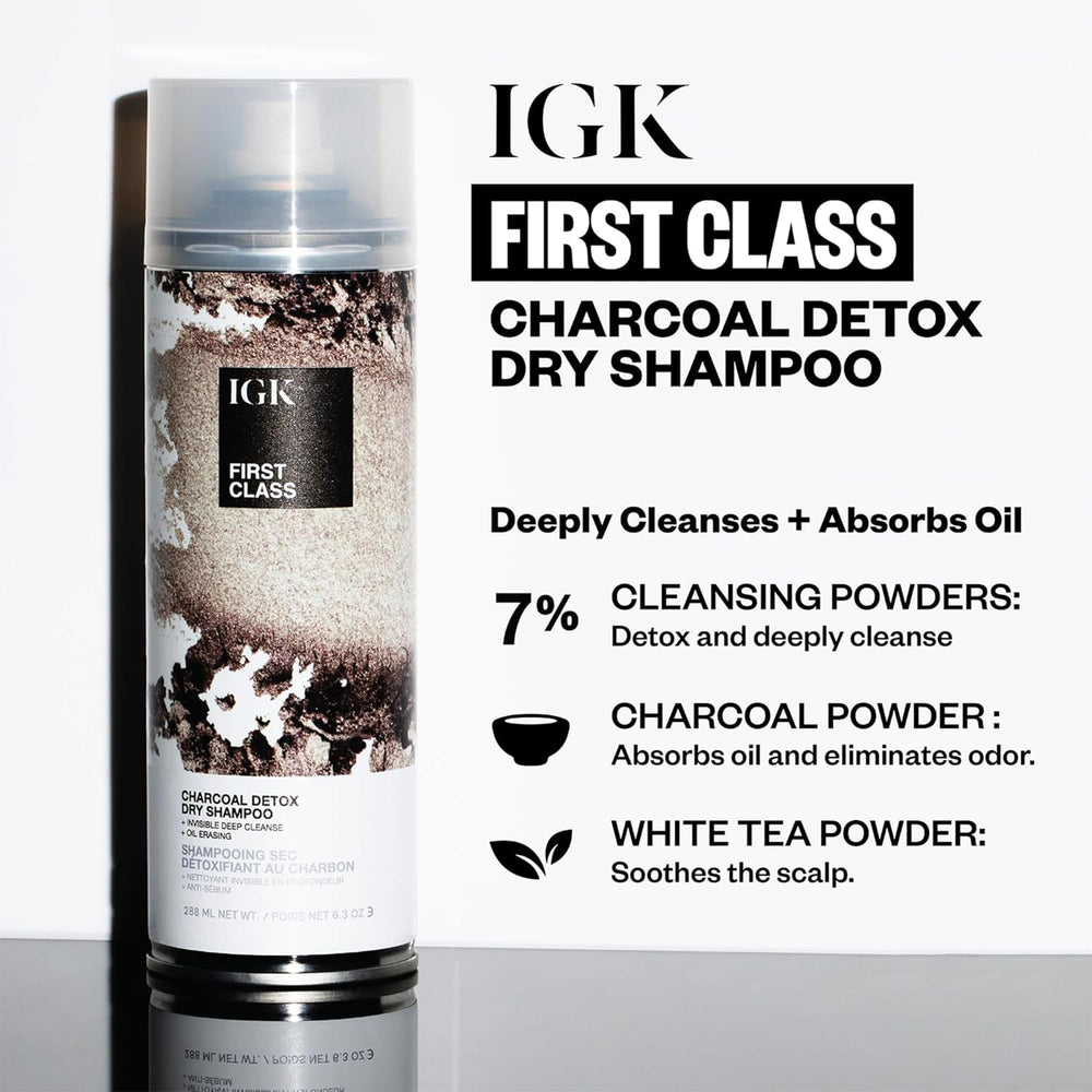 IGK First Class Charcoal Detox Dry Shampoo oil absorption at roots for lasting freshness