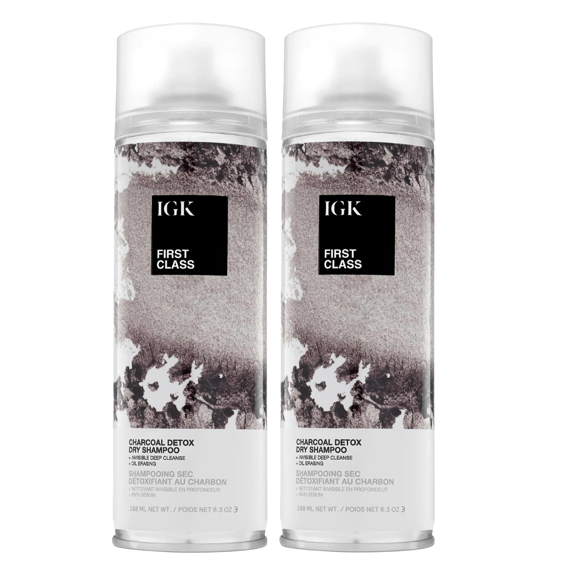 IGK First Class Charcoal Detox Dry Shampoo pack shot featuring a 2-pack for convenient refresh