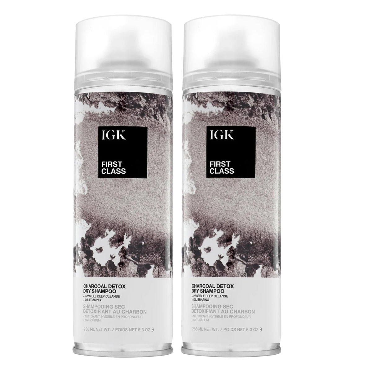 IGK First Class Charcoal Detox Dry Shampoo pack shot featuring a 2-pack for convenient refresh