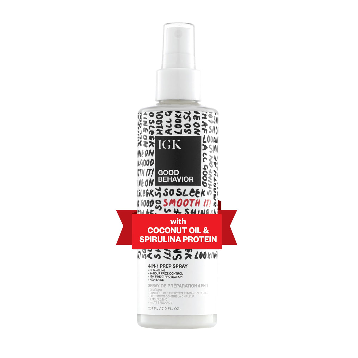 IGK Good Behavior 4-in-1 prep spray bottle ready for detangling and heat protection.