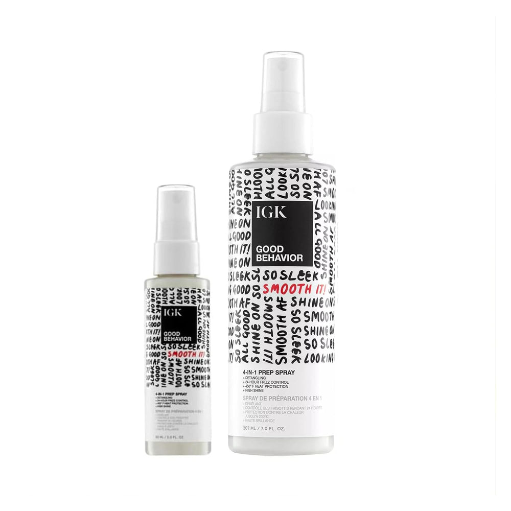 IGK Good Behavior 4-in-1 Prep Spray bottle closeup for detangling and shine