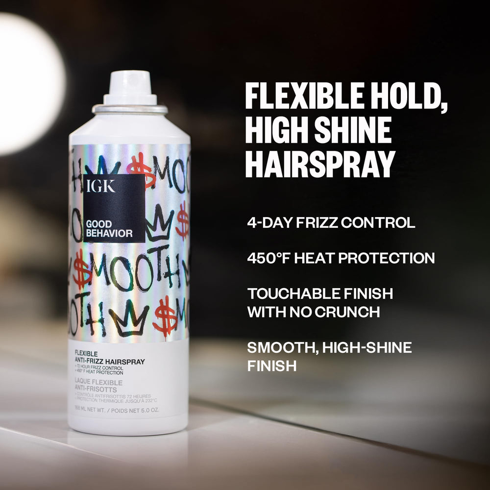 IGK Good Behavior spray nozzle showing even application for styling.