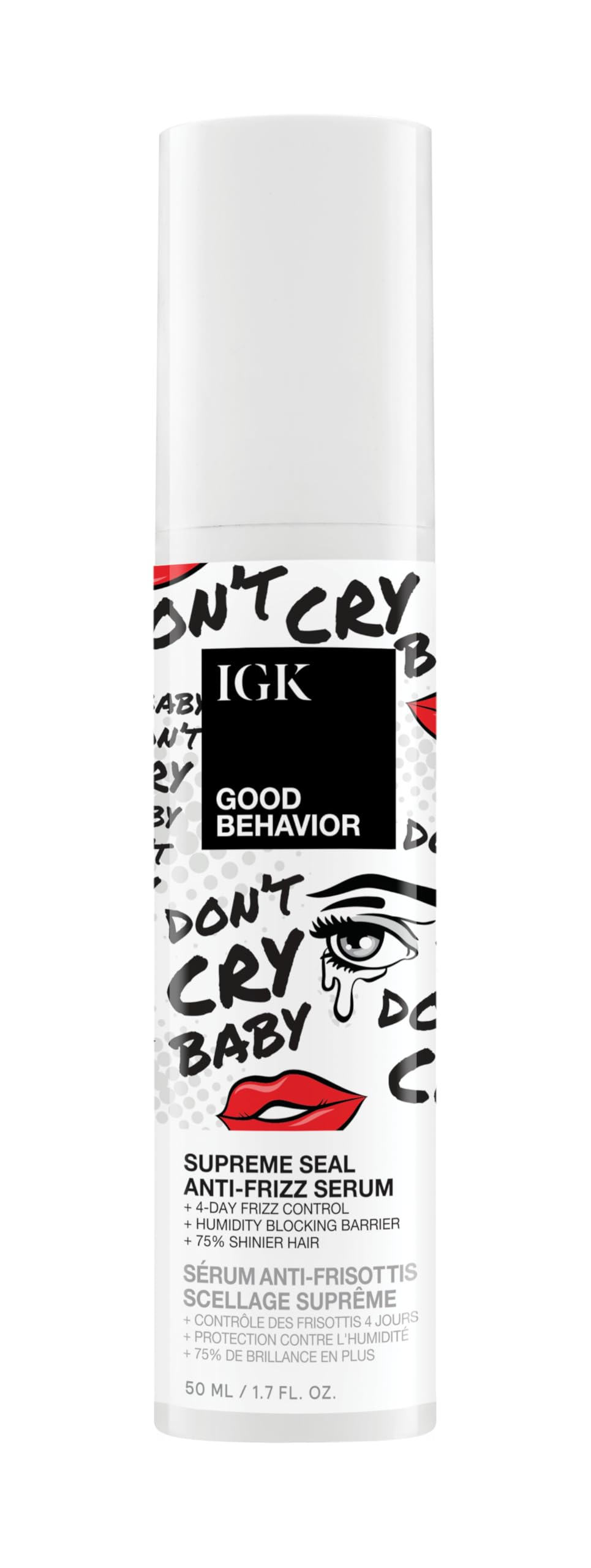IGK Good Behavior serum bottle closeup highlighting shine and finish.
