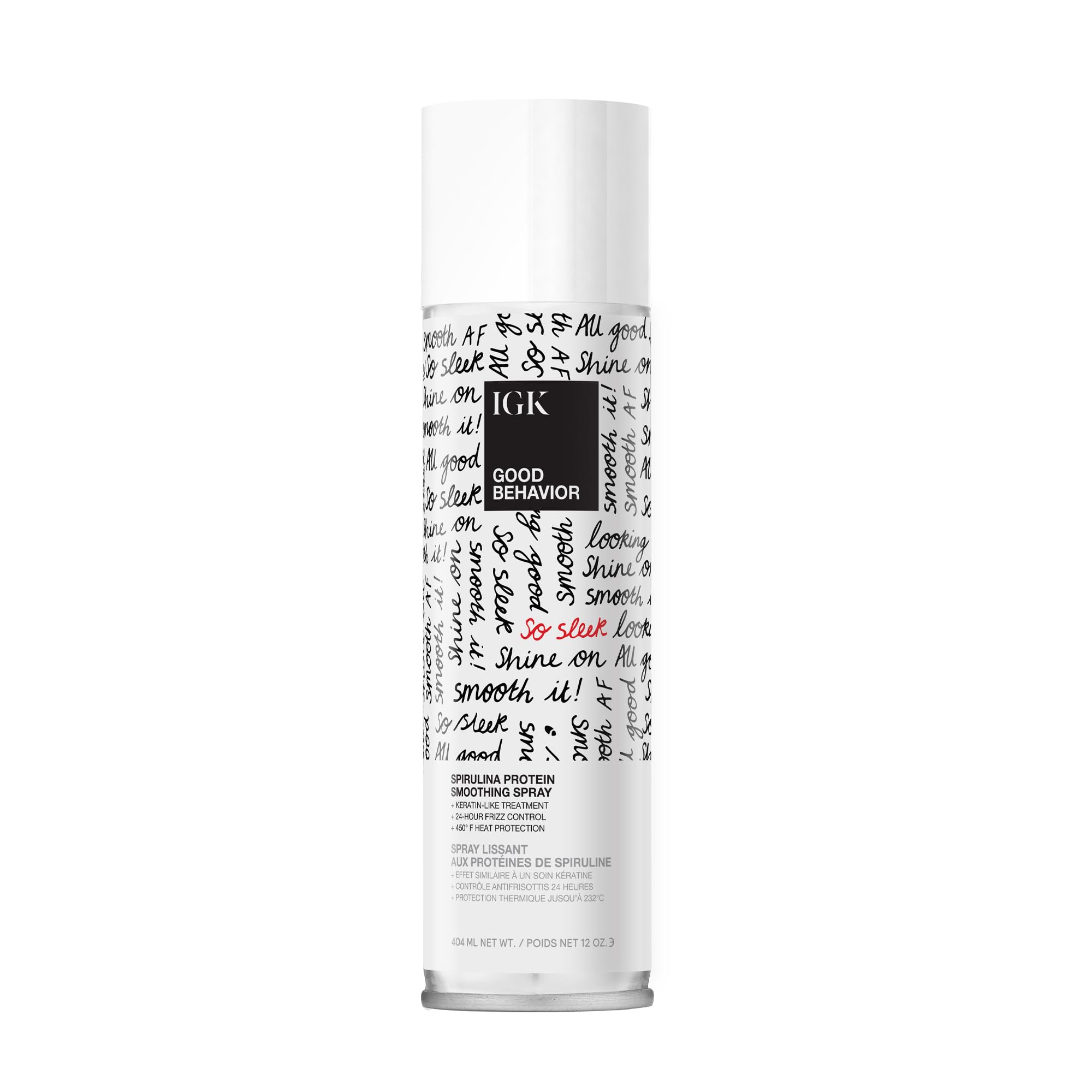 IGK Good Behavior smoothing spray bottle on vanity delivers frizz control and shine