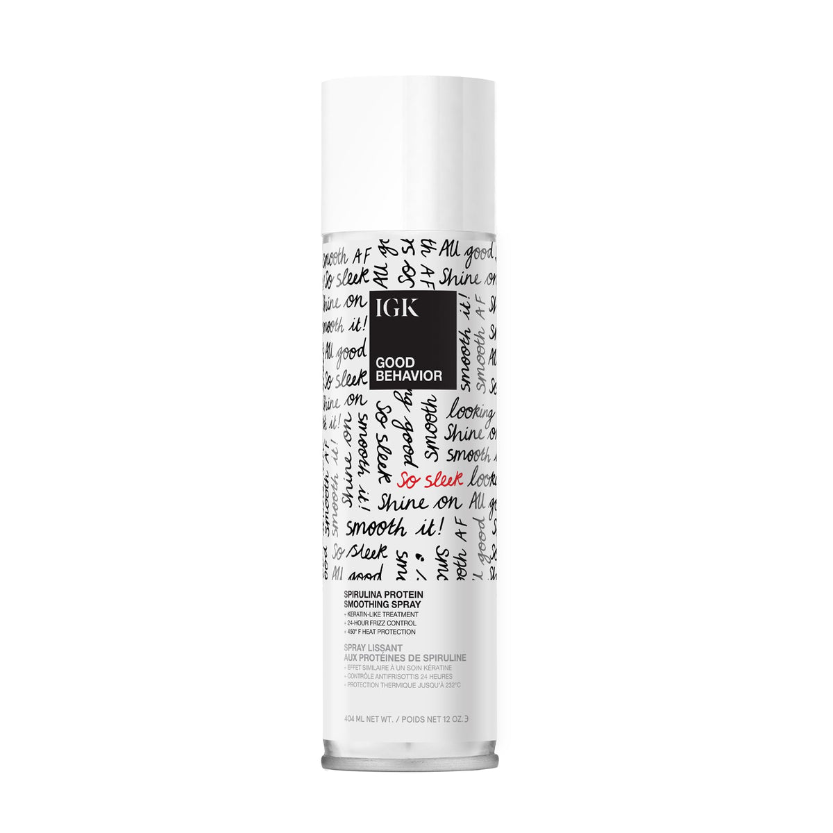 IGK Good Behavior smoothing spray bottle on vanity delivers frizz control and shine