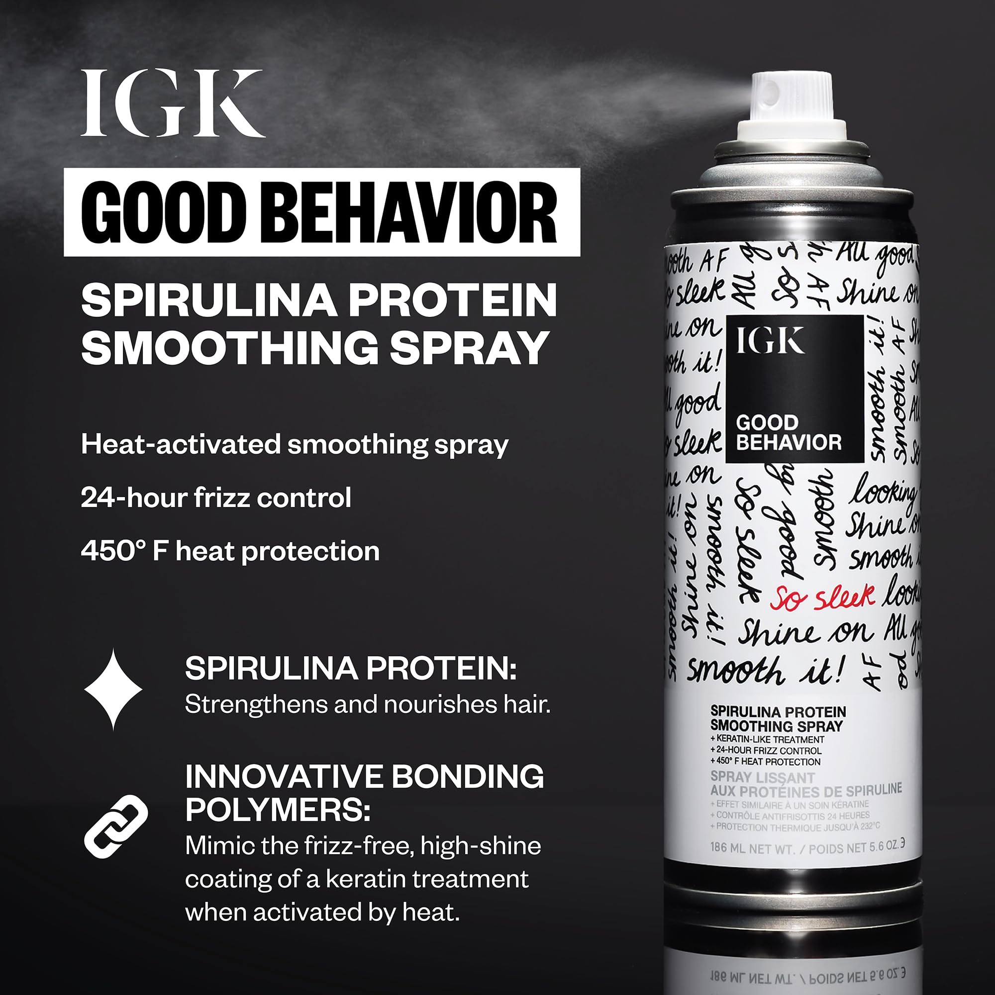 IGK Good Behavior smoothing spray misting through hair with heat protection