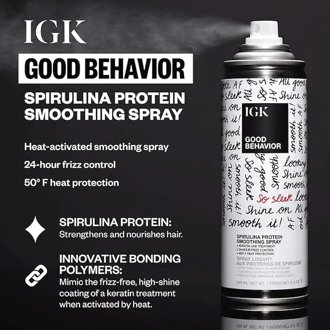 IGK Good Behavior smoothing spray on hair, frizz control