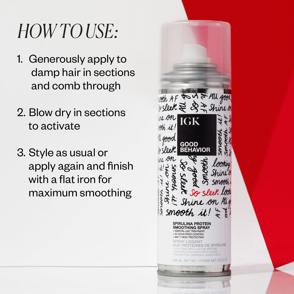 IGK Good Behavior bottle demonstrates heat protection with styling tools.