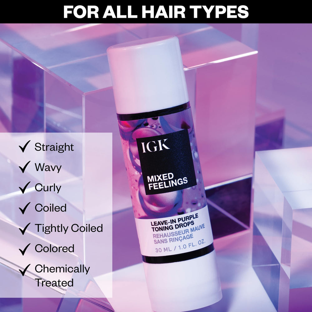 IGK Mixed Feelings violet tint on hair suggesting brass neutralization.