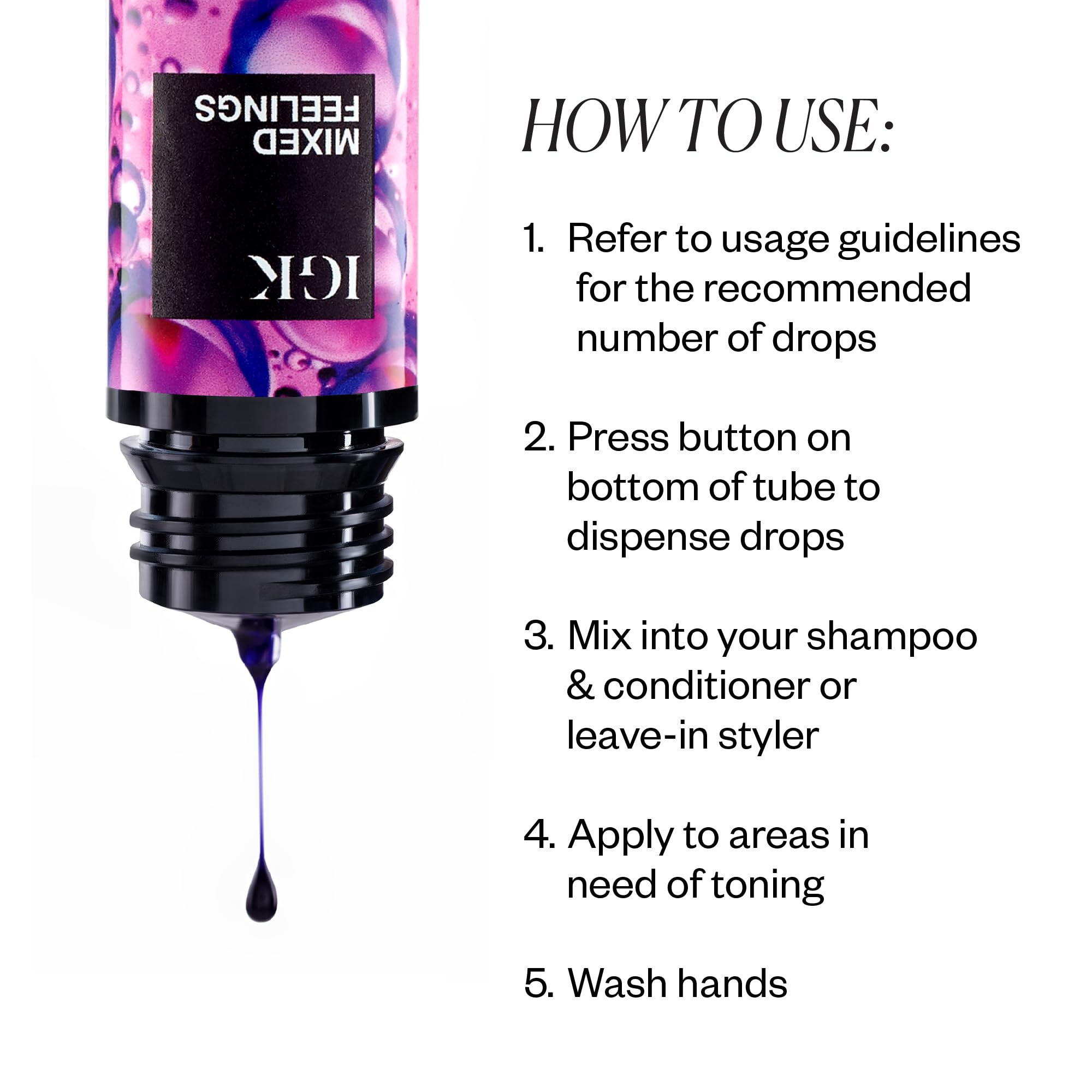 IGK Mixed Feelings purple toning drops pour close-up shows pigment.