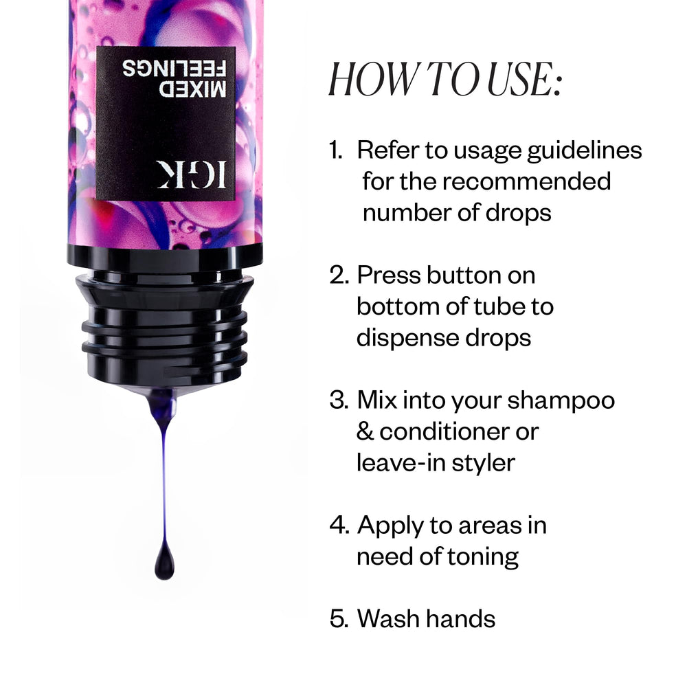 IGK Mixed Feelings purple toning drops pour close-up shows pigment.