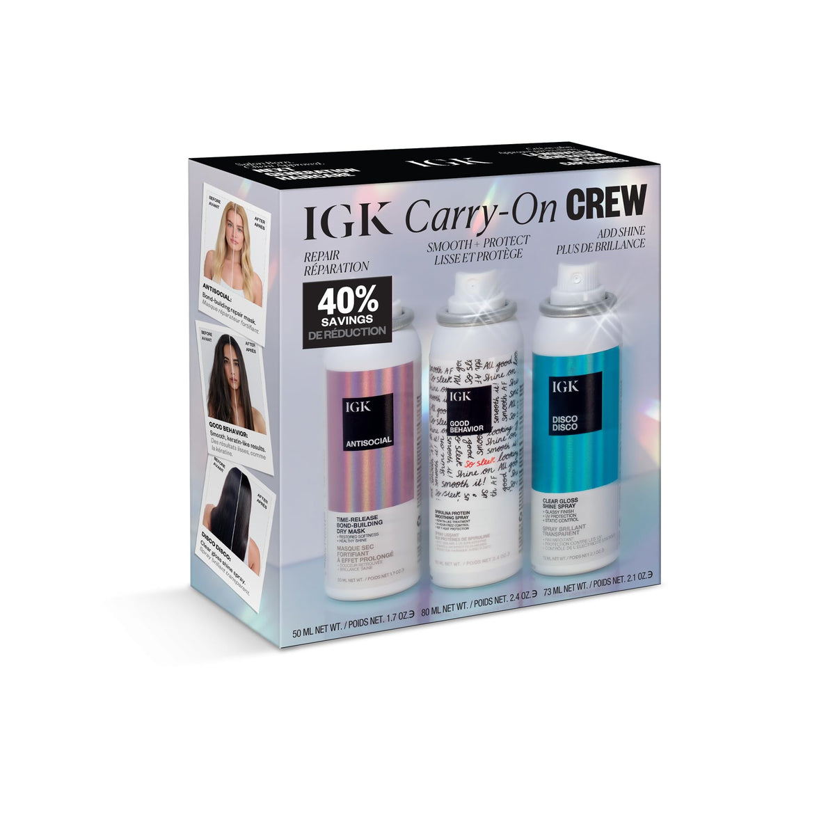 IGK GOOD BEHAVIOR smoothing spray for frizz control and shine on the go.