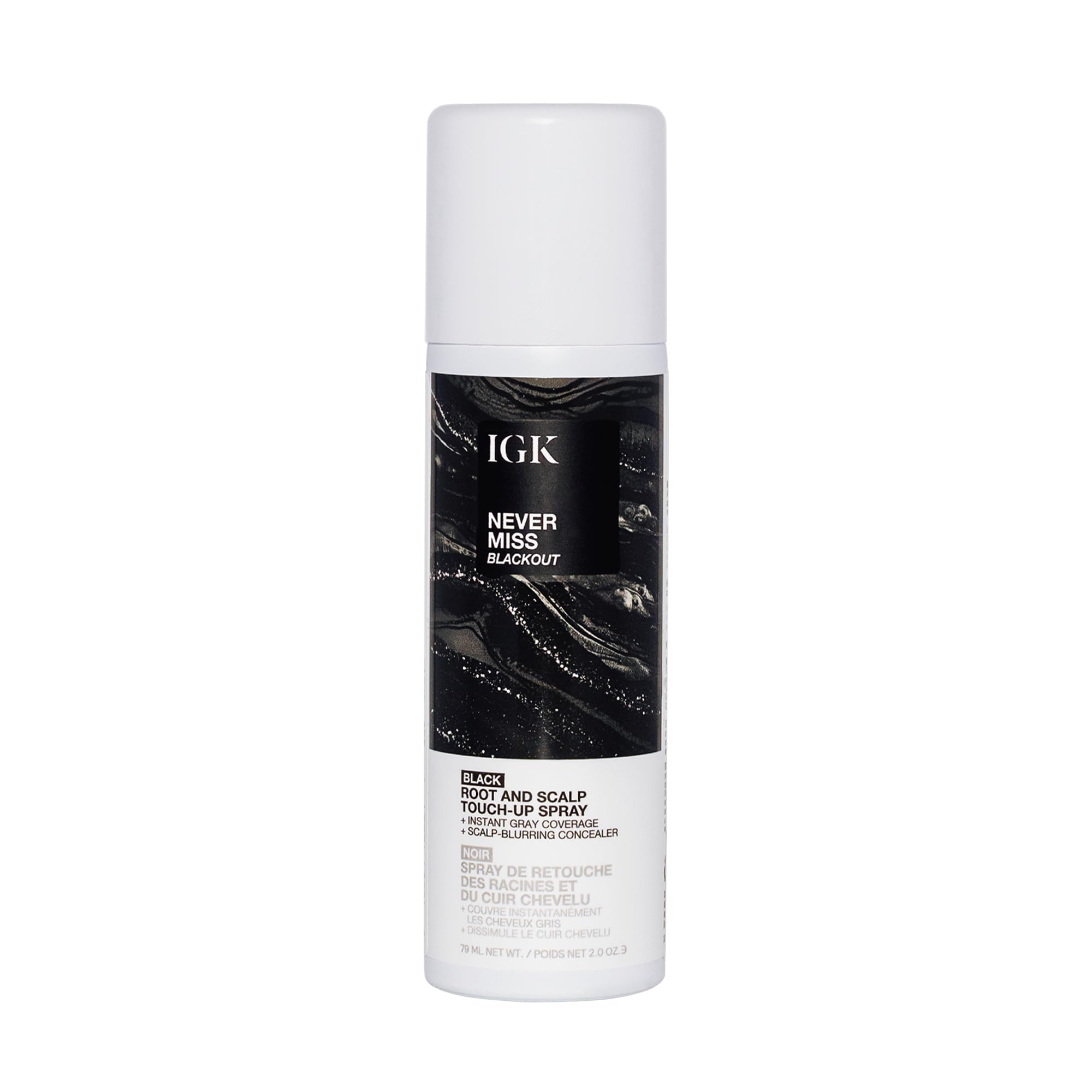IGK Never Miss root coverage spray conceals gray roots for a natural, fuller look.