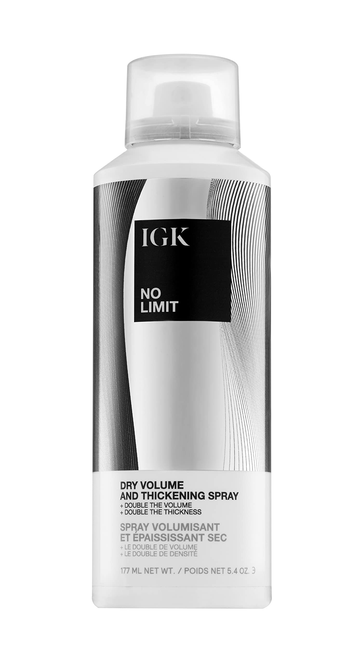IGK NO LIMIT Dry Volume and Thickening Spray front view for weightless lift and fuller roots.