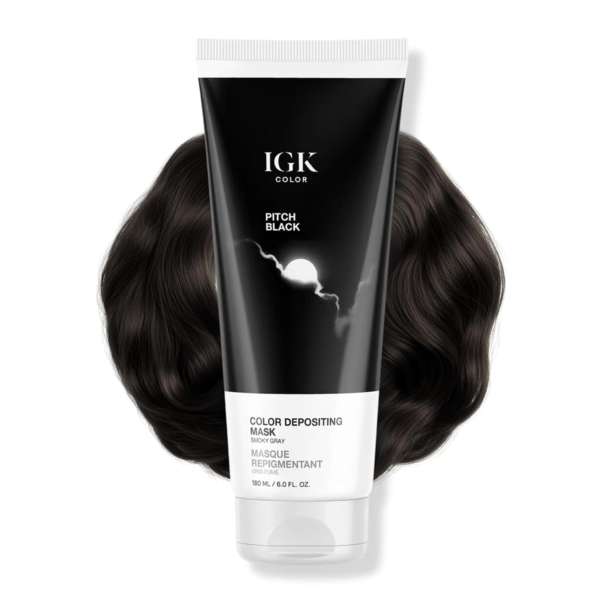 IGK Pitch Black bottle pour shows even color deposit and hydration.