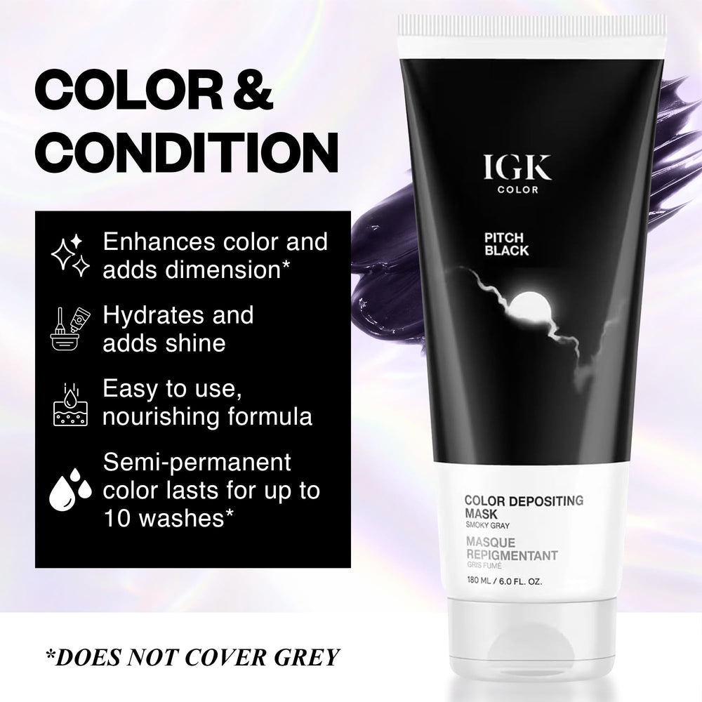 IGK Pitch Black jar closeup highlights creamy texture for smooth hair.