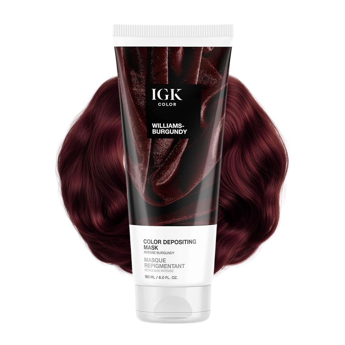 IGK Williams Burgundy color depositing mask bottle for vibrant semi-permanent tone