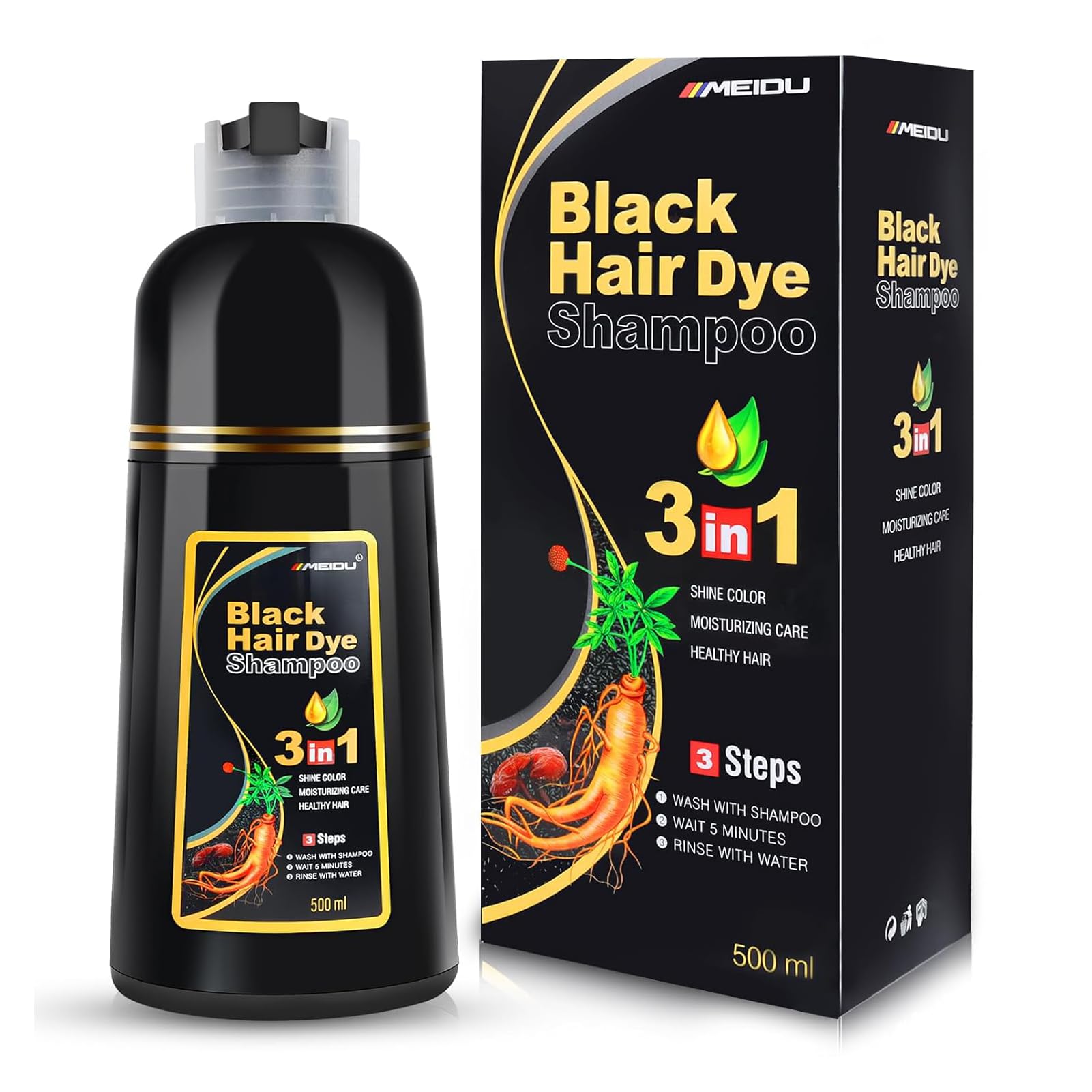 IIIMEIDU black hair dye shampoo bottle for at-home color