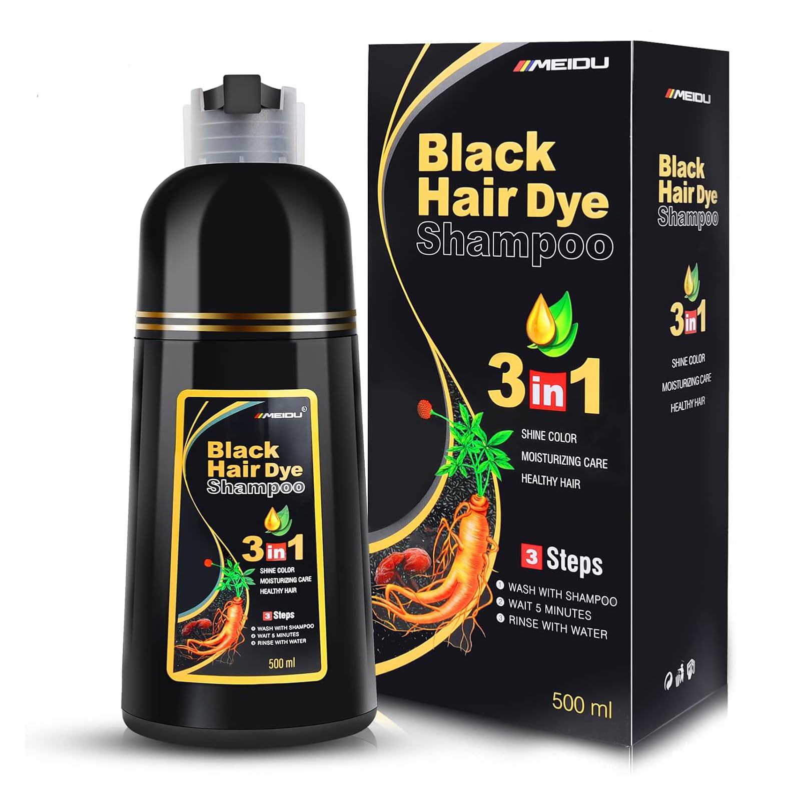 IIIMEIDU MEIDU black hair dye shampoo bottle shows 3-in-1 color, cleanse, and condition.