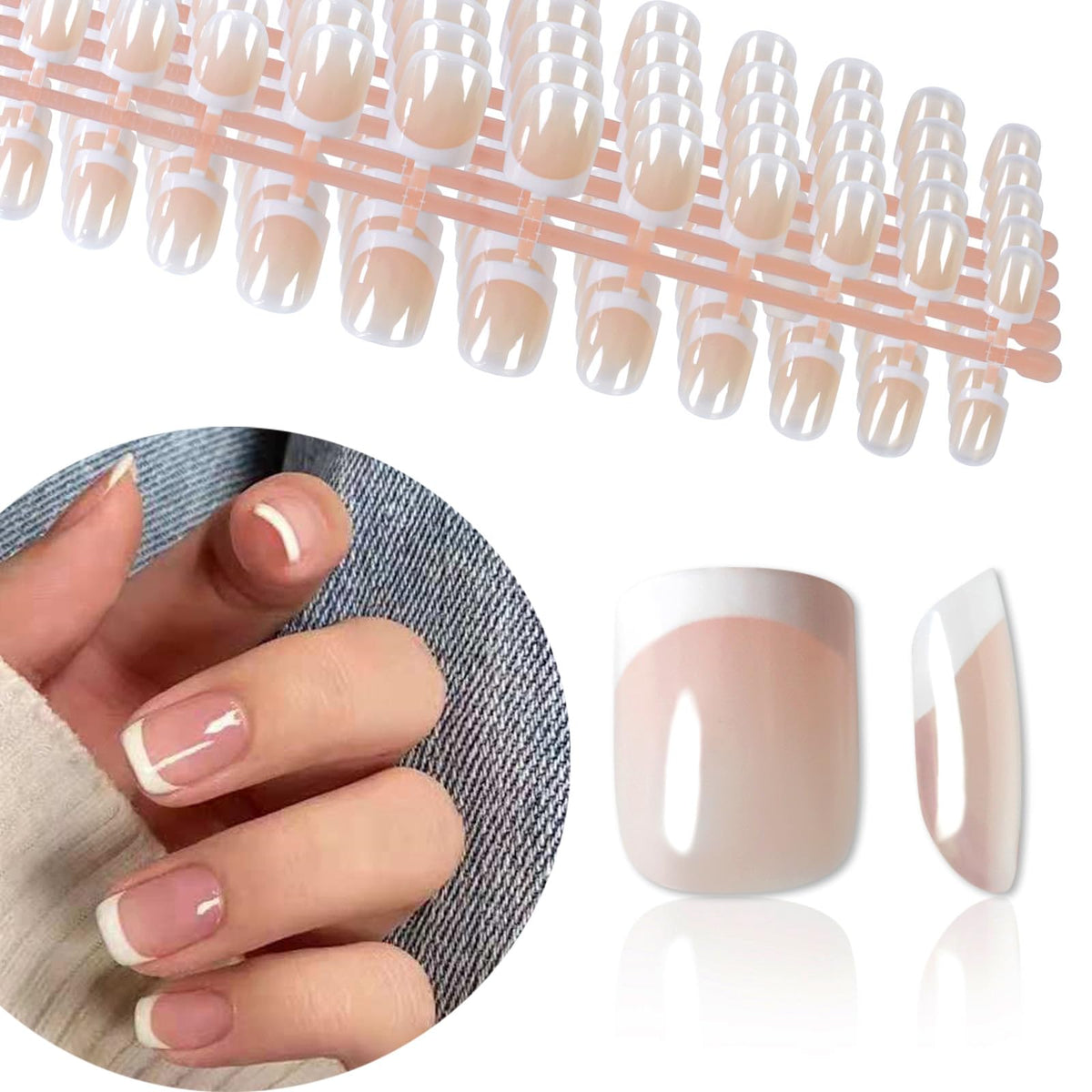 IKISKT Uñas falsas Francesas clásicas, conjunto completo para estilo rápido y duradero