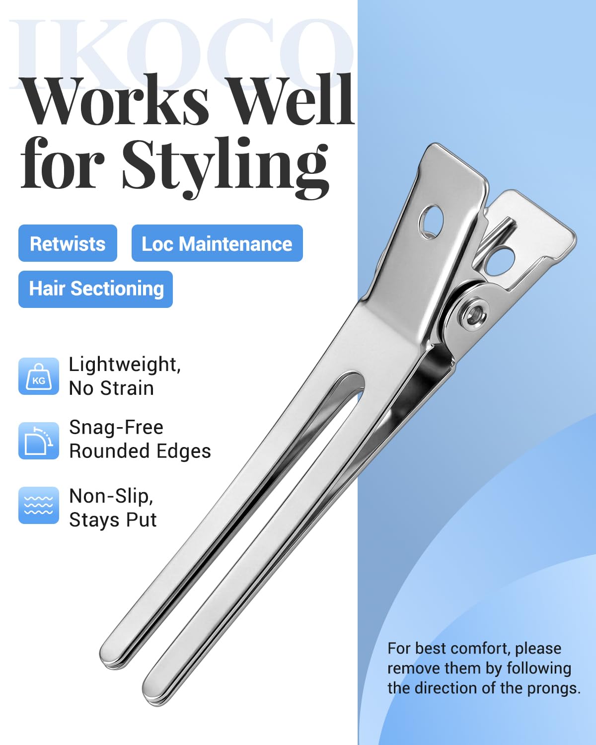 IKOCO no-crease double-prong hair clips provide smooth grip without leaving marks.