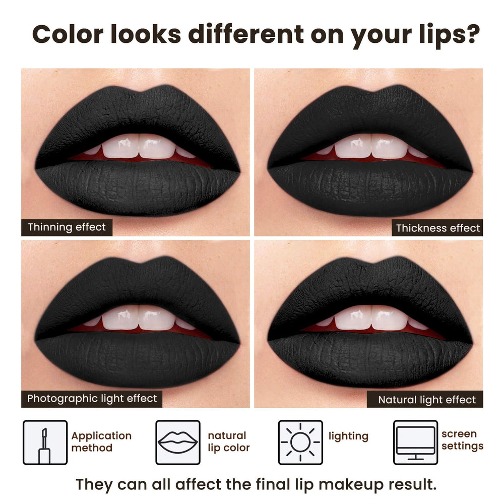 ilembane labial líquido negro mate resistente a transferencia para looks duraderos.