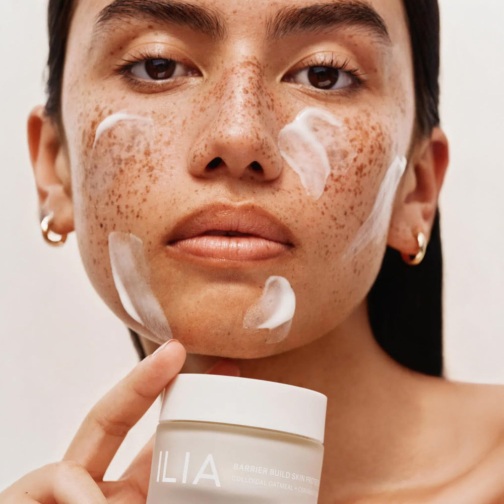ILIA Barrier Build Cream texture close-up showing creamy cushiony feel