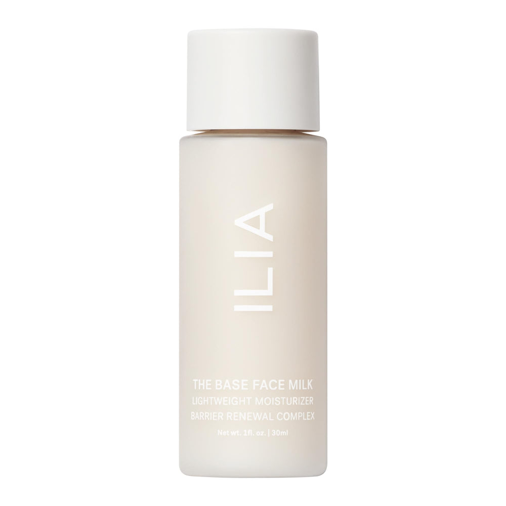 ILIA The Base Face Milk Essence bottle shows a lightweight, hydrating formula for daily use