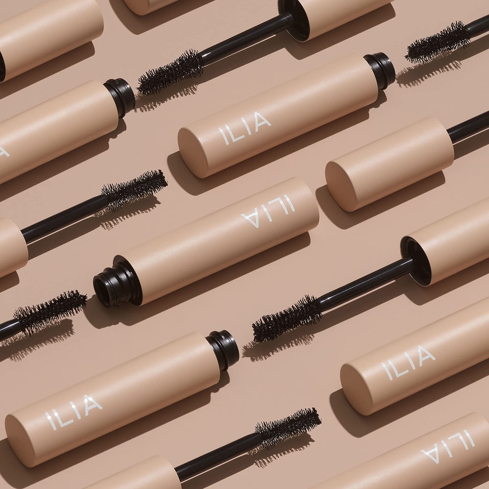 ILIA mascara swatch on skin showing color and buildability