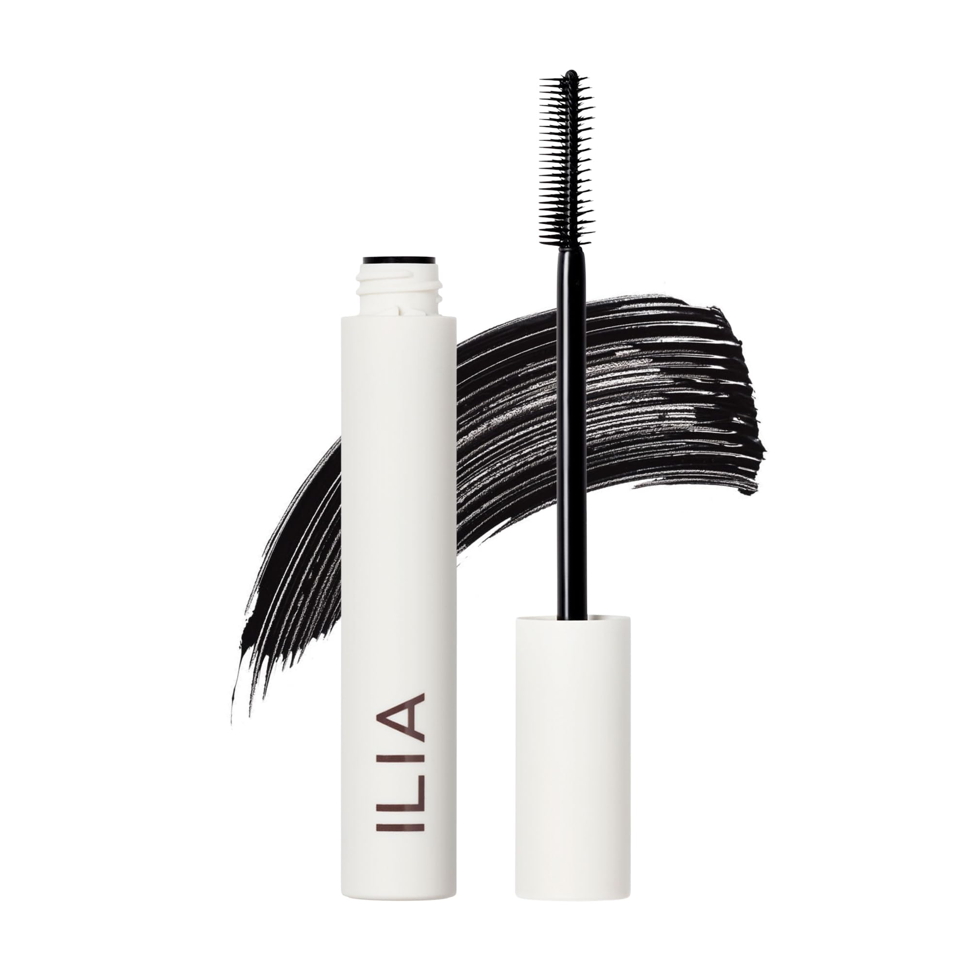 ILIA Limitless Lash Mascara tube closeup, showcasing sleek packaging and rich formula.