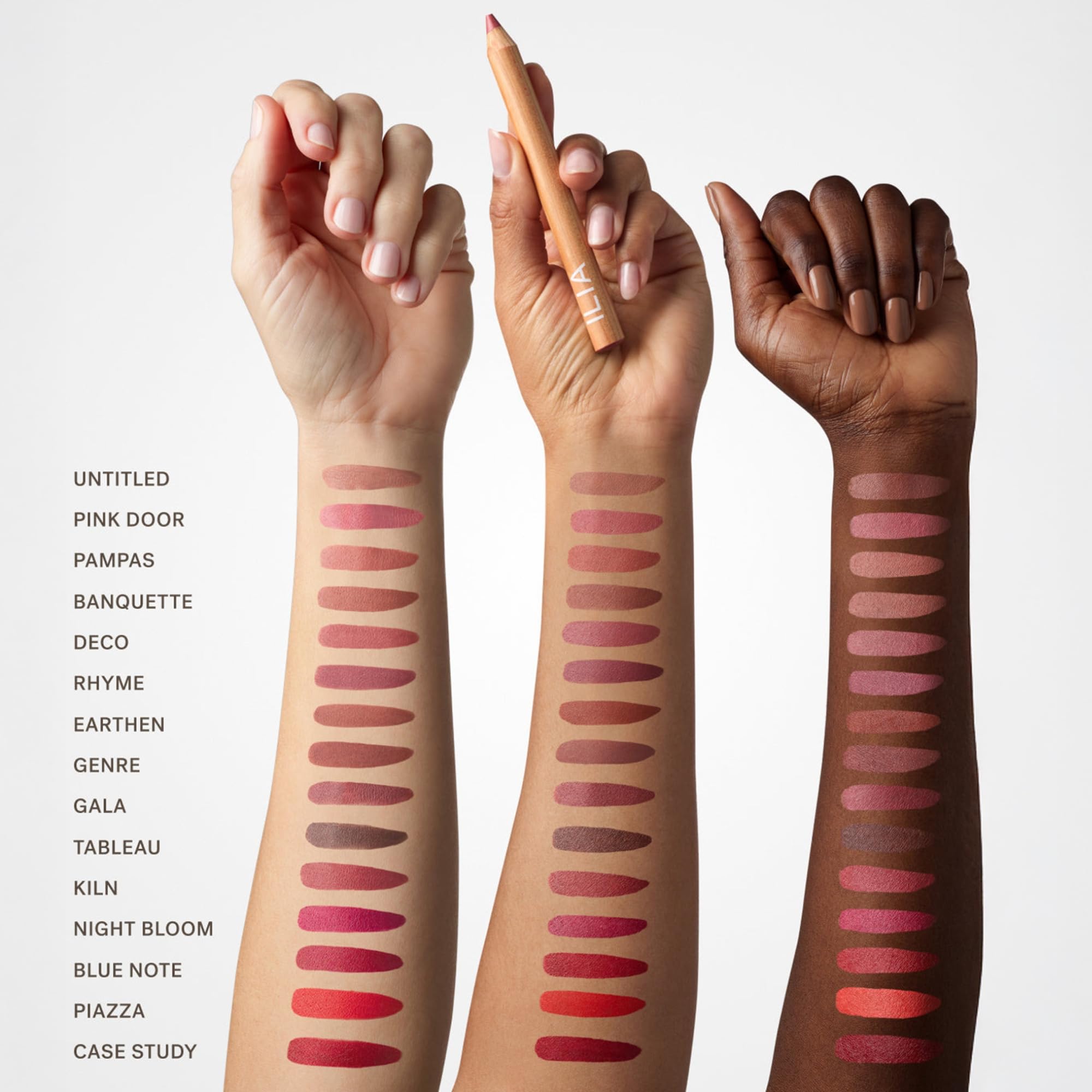 ILIA Lip Sketch Pink Door swatch highlights soft pink, crease-resistant finish