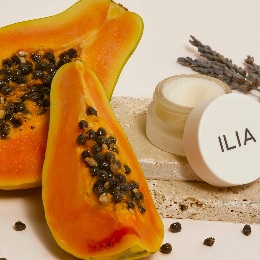 Vegan and cruelty-free branding on ILIA Lip Wrap packaging.