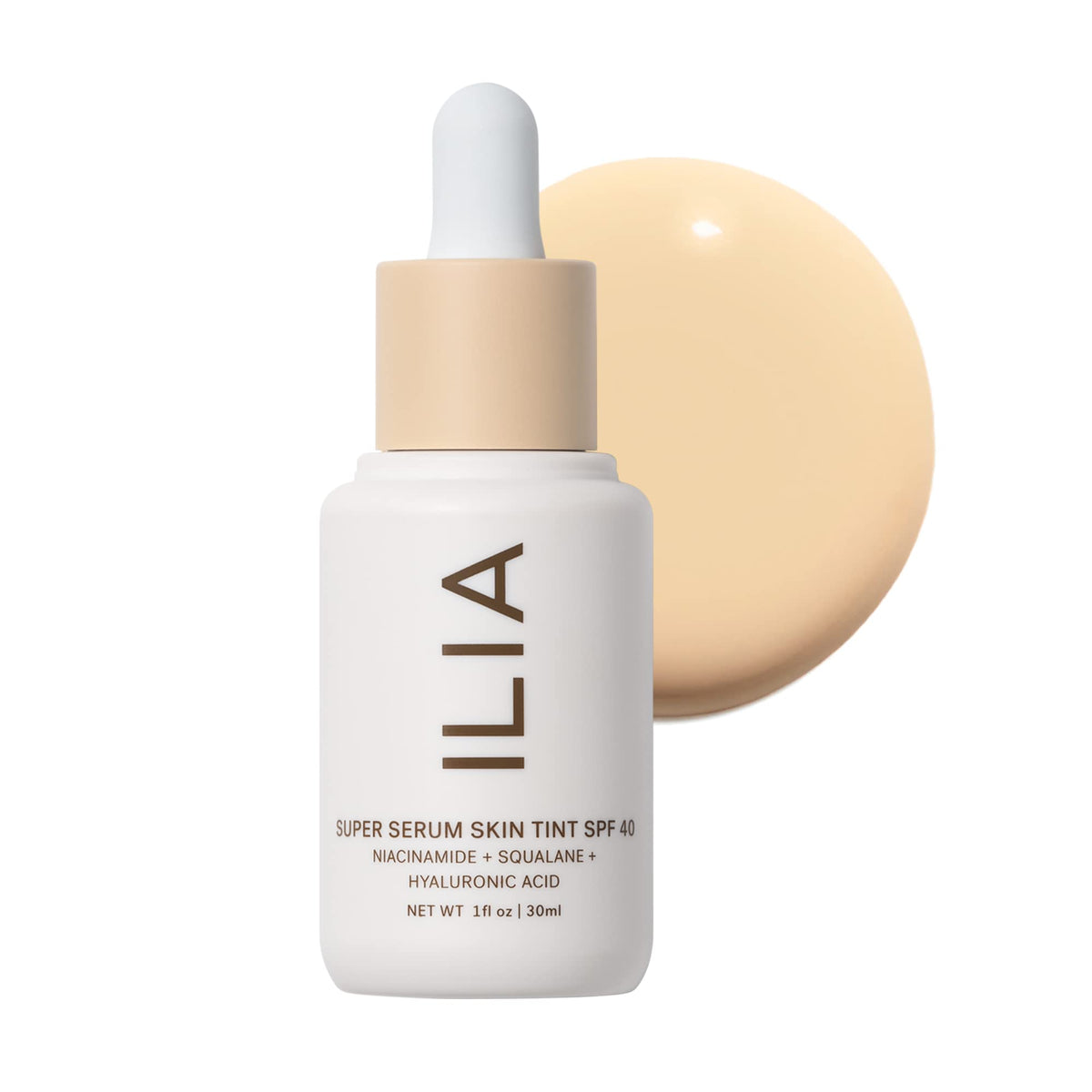 ILIA Super Serum Skin Tint bottle with dewy finish and mineral SPF.
