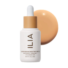 ILIA Super Serum Skin Tint bottle showing dewy finish with hydrating glow