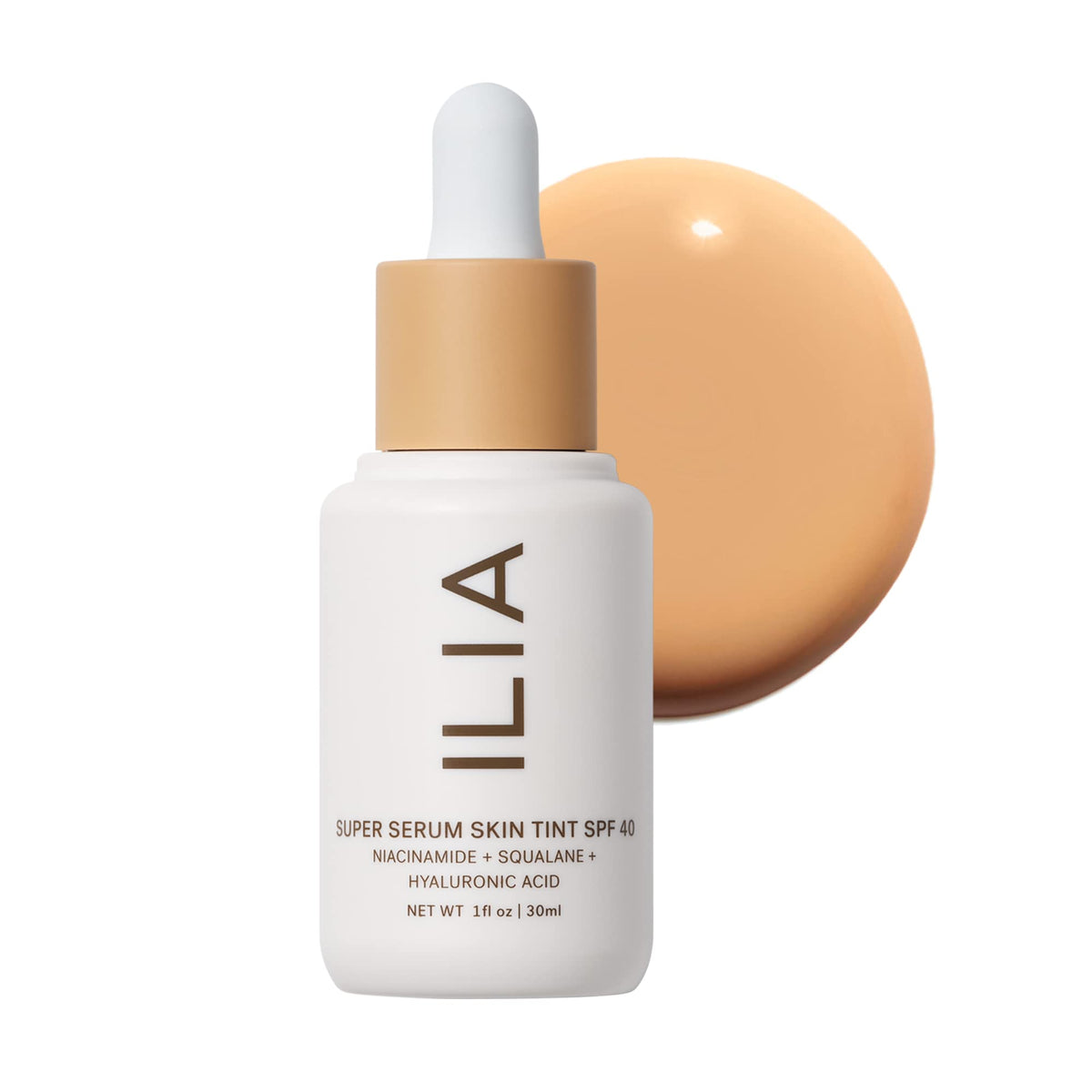 ILIA Super Serum Skin Tint SPF 40 bottle front view with dewy finish