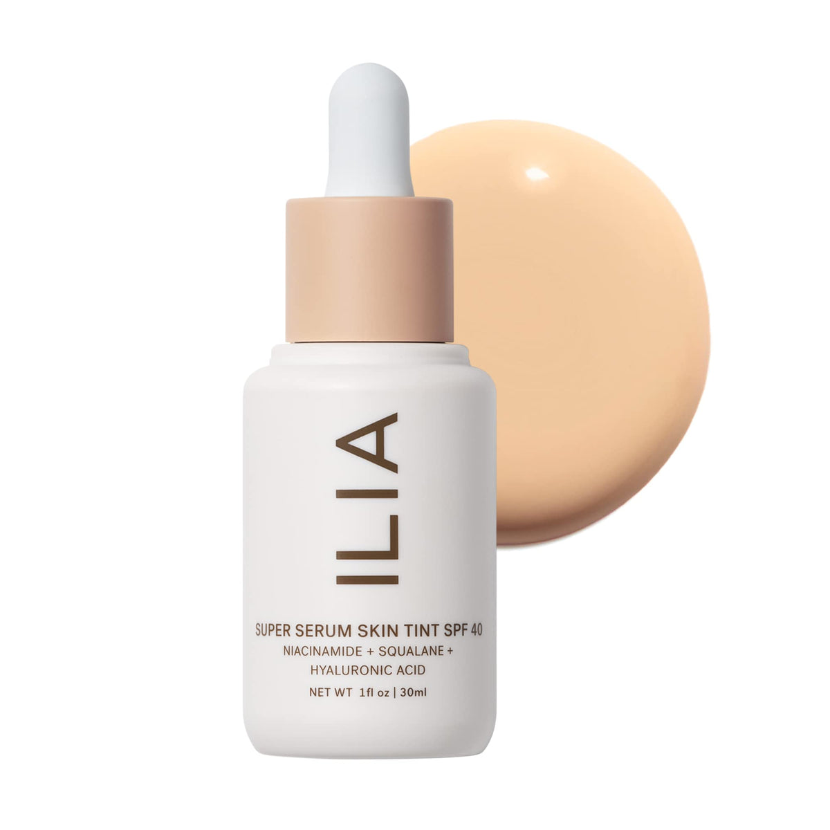 ILIA Super Serum Skin Tint SPF 40 bottle demonstrates lightweight coverage with hydrating SPF 40 protection.