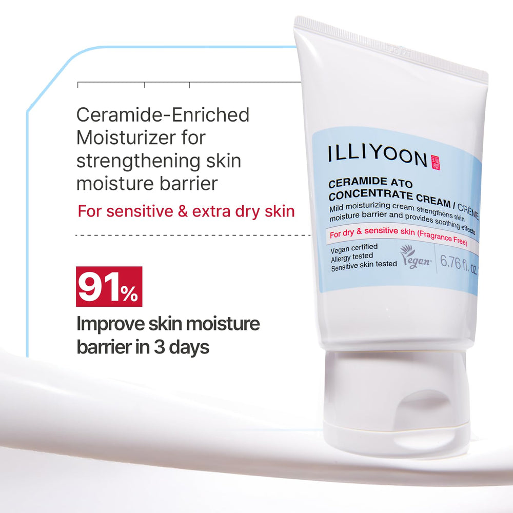 Illiyoon Ceramide Ato Concentrate Cream applied to the face for calm hydration.