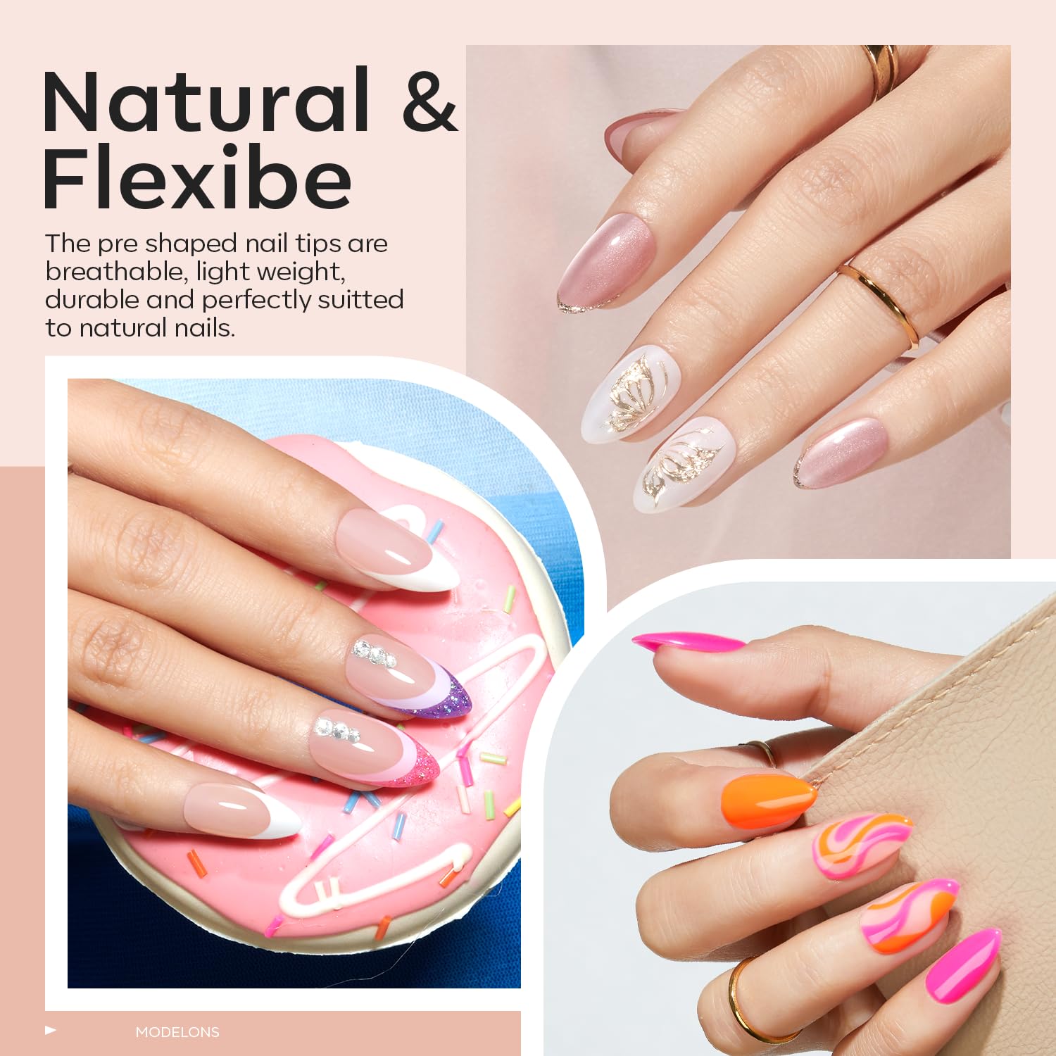 Modelones Kit de Uñas Gel en Forma de Almendra Corta – Pegamento 9-en-1 y Lámpara UV Portátil, 216 Piezas