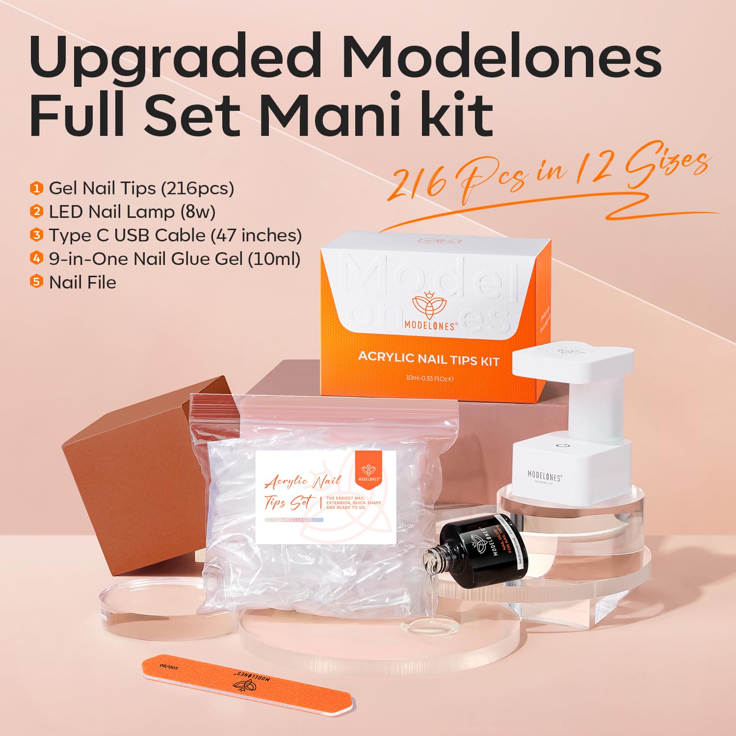Modelones Kit de Uñas Gel en Forma de Almendra Corta – Pegamento 9-en-1 y Lámpara UV Portátil, 216 Piezas