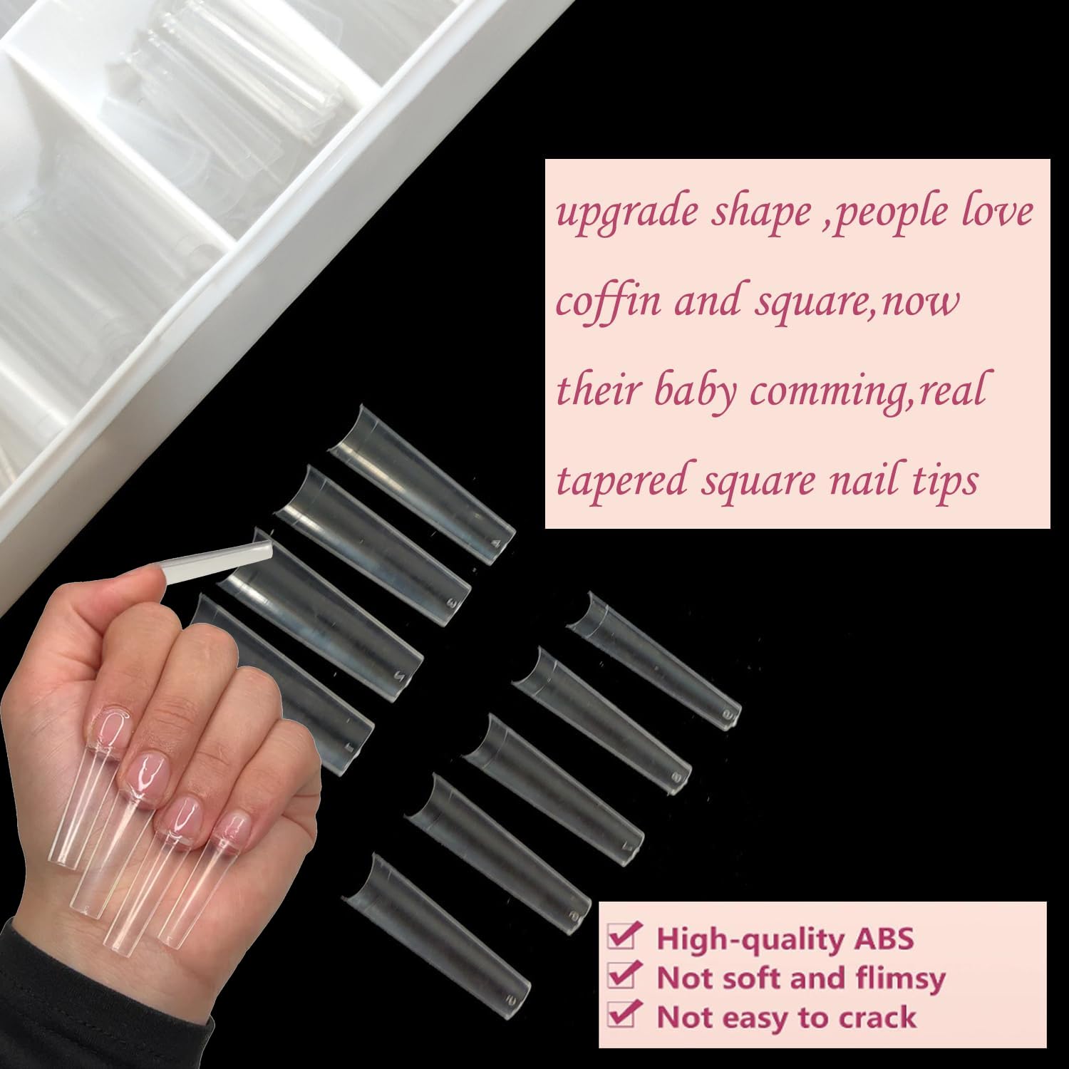 HWHUNO XL Tapered Square Nail Tips No C Curve,500Pcs Clear Medium Half Cover Long Coffin Acrylic Nails Tips Preshaped for Professional Manicure Salon and Home DIY